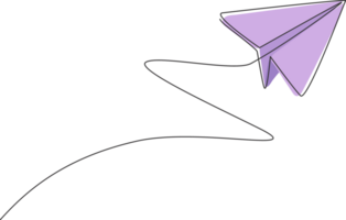 Single kontinuierlich Linie Zeichnung von fliegend Papier Flugzeug auf das Himmel. zurück zu Schule minimalistisch Stil. Kinder Spielzeug Konzept. modern einer Linie zeichnen Grafik Design Illustration png