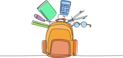 Single continuous line drawing of school bag set with glasses, calculator, book, ruler, pen. Back to school minimalist style. Education concept. Modern one line draw graphic design illustration png