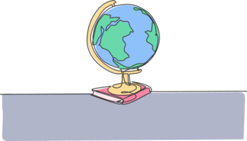 terra globo sopra libri pila. singolo continuo linea mondo globale carta geografica grafico icona. semplice uno linea scarabocchio per formazione scolastica concetto. isolato illustrazione minimalista design png