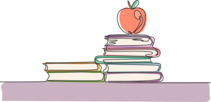 Continuous one line drawing of apple above books stack minimalist illustration design. Isolated simple line modern graphic style. Hand drawn graphic concept for education png