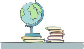 Single one line drawing of globe and stack of books. Earth and book graphic for education concept. Infographics, school presentation. Design illustration png