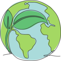 Green leaf on globe. Single continuous line world natural global map graphic icon. Simple one line doodle for save earth concept. Isolated illustration minimalist design png