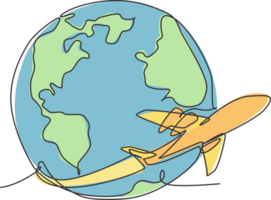 avião vôo por aí a terra. solteiro contínuo linha mundo globo mapa gráfico ícone. simples 1 linha rabisco para viajando conceito. isolado ilustração minimalista Projeto png