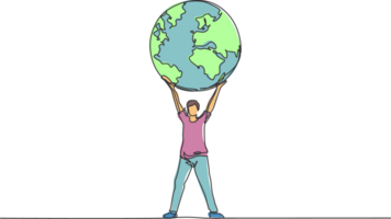 Continuous one line drawing of man holding globe earth minimalist illustration design. Isolated simple line modern graphic style. Hand drawn graphic concept for saving nature png