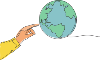 Finger berühren Globus Erde. Single kontinuierlich Linie Welt global Karte Grafik Symbol. einfach einer Linie Gekritzel zum Technologie Konzept. Illustration minimalistisch Design png