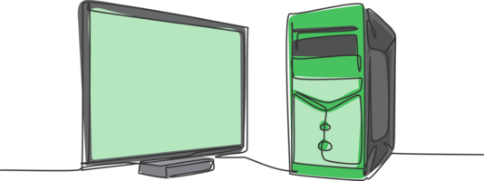 Single kontinuierlich Linie Zeichnung von Zentralprozessor Computer und Bildschirm Monitor zum unterstützen Geschäft. elektronisch klein Zuhause Geschäft Ausrüstung Konzept. modern einer Linie zeichnen Design Grafik Illustration png