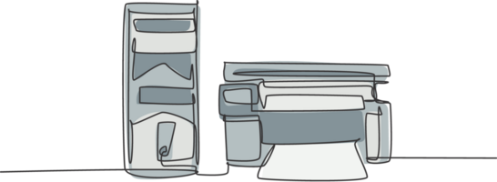 een single lijn tekening van CPU computer en printer naar ondersteuning bedrijf Bij bedrijf. elektriciteit klein huis kantoor uitrusting gereedschap concept. dynamisch doorlopend lijn trek ontwerp illustratie png