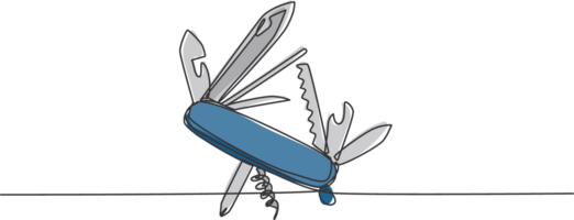 One single line drawing of multi purpose pocket knife with blade, scissor, hover, opener. Camping outdoor multi function tools concept. Dynamic continuous line graphic draw design illustration png