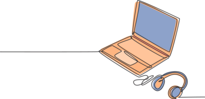 uno soltero línea dibujo de Delgado ordenador portátil con auricular al lado de. electricidad hogar entretenimiento portátil computadora herramientas concepto. dinámica continuo línea gráfico dibujar diseño ilustración png