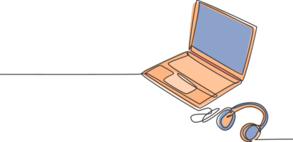 uno singolo linea disegno di magro il computer portatile con cuffie accanto. elettricità casa divertimento portatile computer utensili concetto. dinamico continuo linea grafico disegnare design illustrazione png