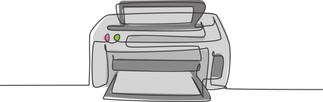 uno continuo línea dibujo de digital chorro de tinta impresora para empresa impresión necesidades. electricidad pequeño oficina equipo herramientas concepto. de moda soltero línea dibujar diseño gráfico ilustración png