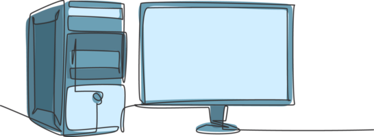 soltero continuo línea dibujo de UPC computadora unidad y pantalla monitor para compañía. electrónico pequeño hogar negocio equipo concepto. moderno uno línea dibujar diseño gráfico ilustración png