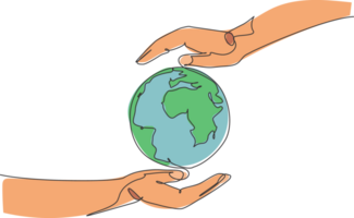 Hand hold globe earth. Single continuous line world global map graphic icon. Simple one line doodle for environment campaign concept. Isolated illustration minimalist design png