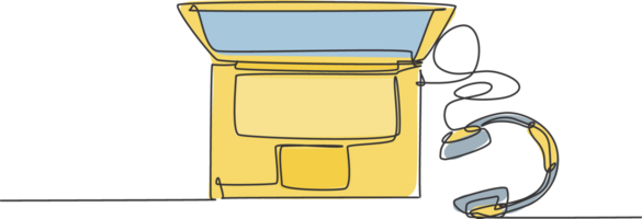 uno soltero línea dibujo de ordenador portátil y clásico auricular desde parte superior vista. entretenimiento computadora concepto. dinámica continuo línea gráfico dibujar diseño ilustración png