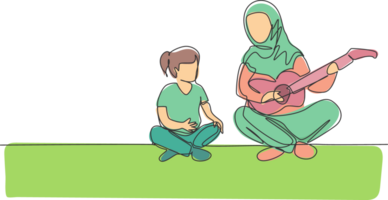 1 solteiro linha desenhando do jovem árabe mãe jogando guitarra para acompanhar dela filha cantando ilustração. feliz islâmico muçulmano família parentalidade conceito. moderno contínuo linha desenhar Projeto png