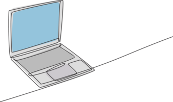 One continuous line drawing of laptop unit for working at home. Electricity computer for small business gadget tools concept. Trendy single line draw design graphic illustration png