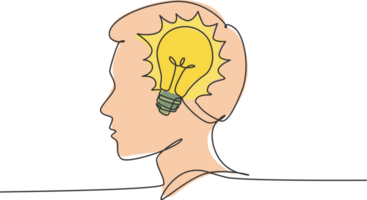 One continuous line drawing of human man with light bulb brain inside the head icon logo emblem. Innovation symbol logotype template concept. Modern single line draw design graphic illustration png