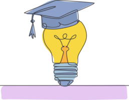 een single lijn tekening van licht lamp vervelend diploma uitreiking hoed logo identiteit. slim onderwijs academie logotype icoon sjabloon concept. dynamisch doorlopend lijn trek ontwerp grafisch illustratie png