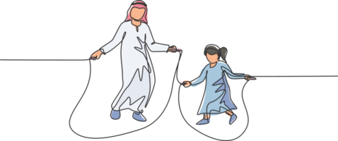 ett kontinuerlig linje teckning av ung islamic pappa och dotter spela Hoppar rep och hoppa på parkera. Lycklig arab muslim föräldraskap familj begrepp. dynamisk enda linje dra design illustration png