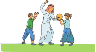 One continuous line drawing of young Islamic dad playing ball with son and daughter at outdoor field. Happy Arabian muslim parenting family concept. Dynamic single line draw design illustration png