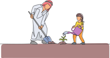 One continuous line drawing of young Islamic daughter help her father plant a seed at house backyard. Happy Arabian muslim parenting family concept. Dynamic single line draw design illustration png