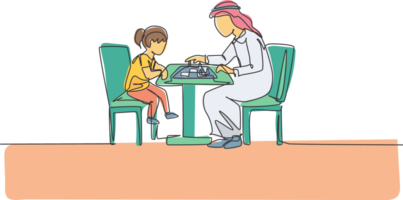 uno continuo línea dibujo de joven árabe papá y hija pensando estrategia mientras jugando ajedrez. contento islámico musulmán paternidad familia concepto. dinámica soltero línea dibujar diseño ilustración png