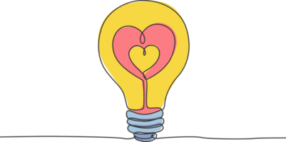 Single kontinuierlich Linie Zeichnung von die Glühbirne mit Liebe Herz geformt zum Amor Unternehmen Logo Etikett. Leistung romantisch Logo Symbol Vorlage Konzept. dynamisch einer Linie zeichnen Grafik Illustration png