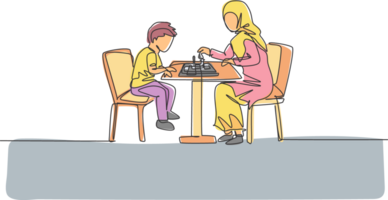 One single line drawing of young Arabian mother teach her son to play chess seriously at home illustration. Happy Islamic muslim family parenting concept. Modern continuous line draw design png