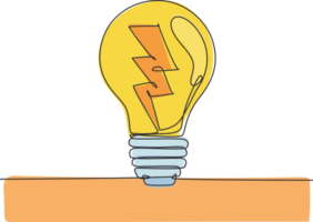 One single line drawing of light bulb with thunder bolt logo identity. Power energy electricity logotype icon template concept. Dynamic continuous line draw design graphic illustration png