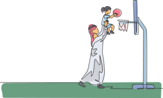 Single continuous line drawing of young Islamic help lifting her daughter to put a ball in basket hoop . Arabian muslim happy family fatherhood concept. Trendy one line draw design illustration png