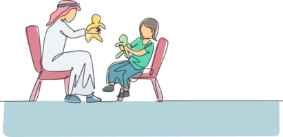 One continuous line drawing of young Arabian dad and daughter playing doll to wait fasting break. Happy Islamic muslim parenting family concept. Dynamic single line draw design illustration png