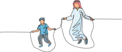 ett enda linje teckning av ung islamic far och son spela hoppa rep tillsammans på utomhus- parkera illustration. arab muslim familj föräldraskap begrepp. modern kontinuerlig linje dra design png