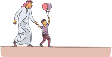 un Célibataire ligne dessin de Jeune islamique père accompagner le sien fils qui tenir ballon à jouer à amusement parc illustration. arabe musulman famille parentalité concept. continu ligne dessiner conception png