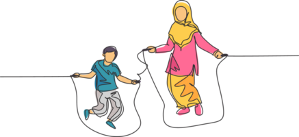 Célibataire continu ligne dessin de Jeune islamique mère et sa fils en jouant sauter corde et saut. arabe musulman content famille maternité concept. branché un ligne dessiner conception illustration png