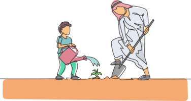 One continuous line drawing of young Islamic biy hep his father watering plant at house garden. Happy Arabian muslim parenting family concept. Dynamic single line draw design illustration png