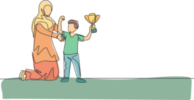 One continuous line drawing of young Arabian mother congratulate son of the award trophy that he won. Happy Islamic muslim parenting family concept. Dynamic single line draw design illustration png