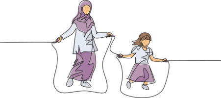 Célibataire continu ligne dessin de Jeune islamique maman et fille jouer saut corde ensemble à parc. arabe musulman content famille maternité concept. branché un ligne dessiner conception illustration png