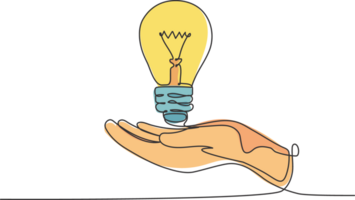 One single line drawing of open palm hand holding bright lightbulb for invention company logo identity. Creativity icon concept from bulb shape. Trendy continuous line draw design illustration png