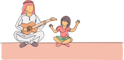 soltero continuo línea dibujo de joven árabe papá entretener su hija jugando guitarra en el piso. islámico musulmán contento familia paternidad concepto. de moda uno línea dibujar diseño ilustración png