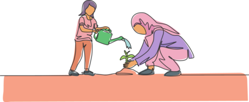 One single line drawing of young Islamic daughter help her mom watering planted plant on ground illustration. Happy Arabian muslim family parenting concept. Modern continuous line draw design png