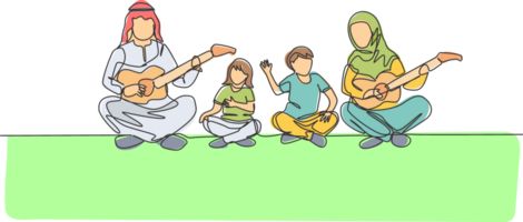 Single continuous line drawing of young Arabian couple playing gutiae and singing together with kids. Islamic muslim happy family parenthood concept. Trendy one line draw design illustration png