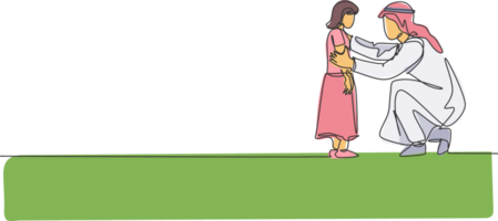Single continuous line drawing of young Arabian father giving talk to his daughter, giving good advise. Islamic muslim happy family parenthood concept. One line graphic draw design illustration png