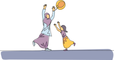 One single line drawing of young Arabian mother and daughter playing beach ball together at park illustration. Happy Islamic muslim family parenting concept. Modern continuous line draw design png