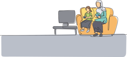 Single continuous line drawing of young Islamic mom playing video game together with her daughter on sofa. Arabian muslim happy family motherhood concept. One line draw design illustration png