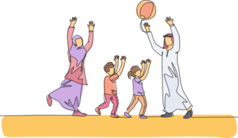 One continuous line drawing of young Arabian couple playing throwing ball together with daughter and son. Happy Islamic muslim parenting family concept. Single line draw design illustration png