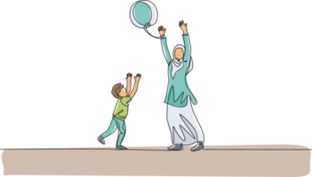 One single line drawing of young Arabian mother playing with her son ball throwing together illustration. Happy Islamic muslim family parenting concept. Modern continuous line draw design png