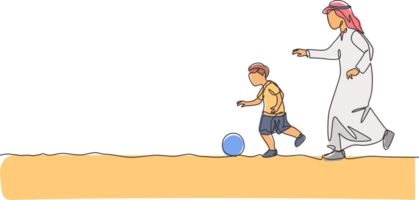 One continuous line drawing of young Arabian father and his son running and playing football. Happy Islamic muslim loving parenting family concept. Dynamic single line draw design illustration png