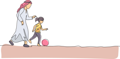 uno soltero línea dibujo de joven árabe papá jugando fútbol con su hija niña a campo parque ilustración. contento islámico musulmán familia paternidad concepto. moderno continuo línea dibujar diseño png