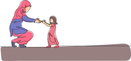 One continuous line drawing of young Islamic toddler daughter learn to walk while mom ready to catch. Happy Arabian muslim parenting family concept. Dynamic single line draw design illustration png
