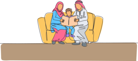 continu un ligne dessin de Jeune arabe parent séance sur canapé avec leur garçon, en train de lire une livre. content islamique musulman parentalité famille concept. Célibataire ligne graphique dessiner conception illustration png